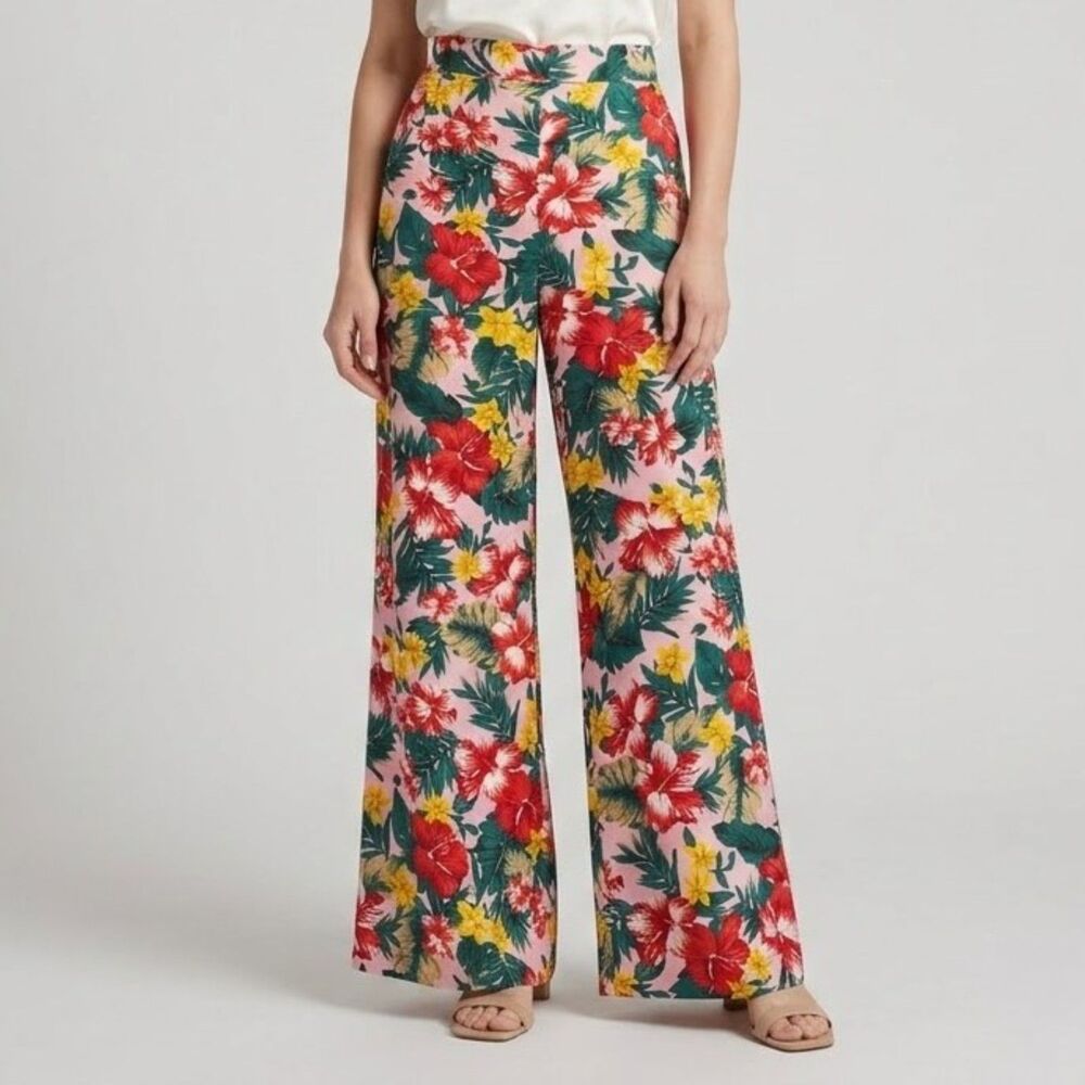 Anthropologie XIX Palms Pants Womens 2 Pink Floral Wide Leg High Rise Tropical